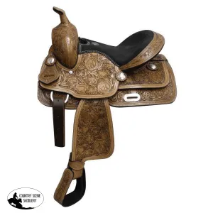 13" Fully tooled Double T youth saddle with suede leather seat.