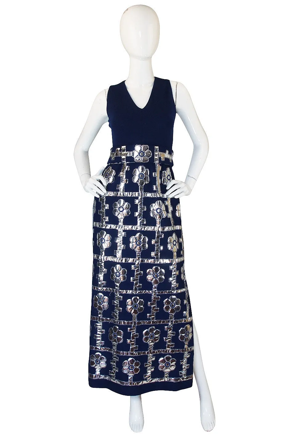 1960s Brenner Couture Silver & Navy Mod Maxi Dress