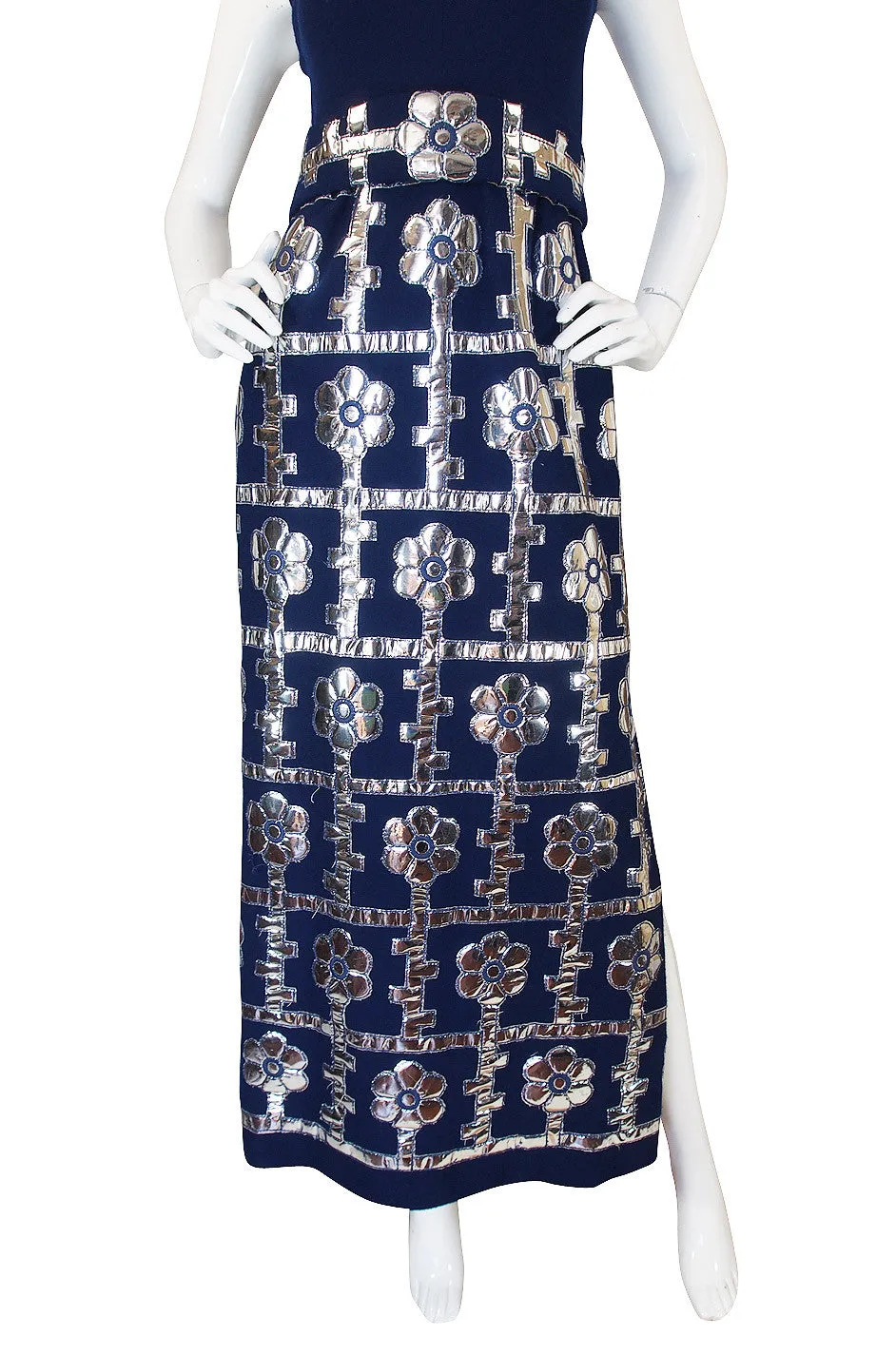 1960s Brenner Couture Silver & Navy Mod Maxi Dress