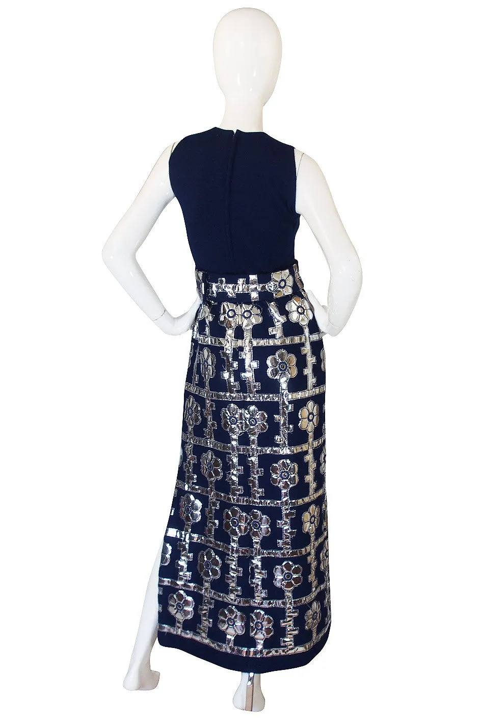 1960s Brenner Couture Silver & Navy Mod Maxi Dress