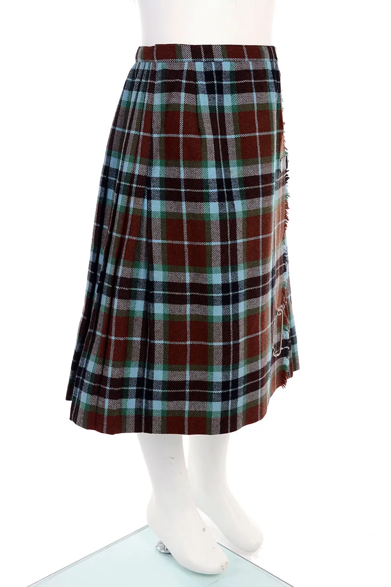 1970's Vintage Blue & Brown Child's Wool Blanket Kilt Skirt