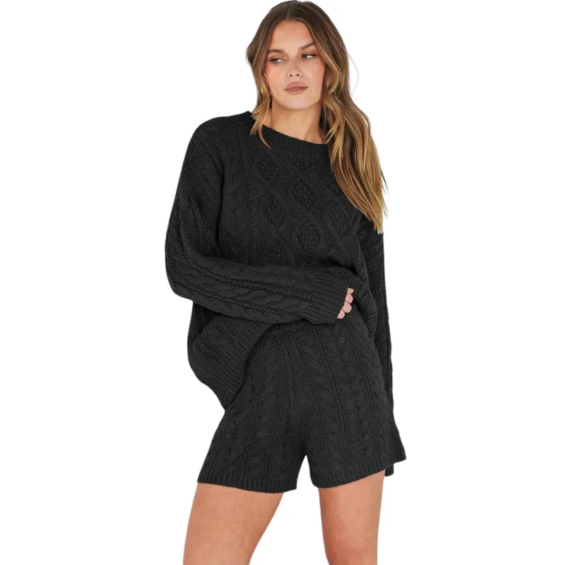 2 Piece Casual Cable Knit Sweater And Shorts Set