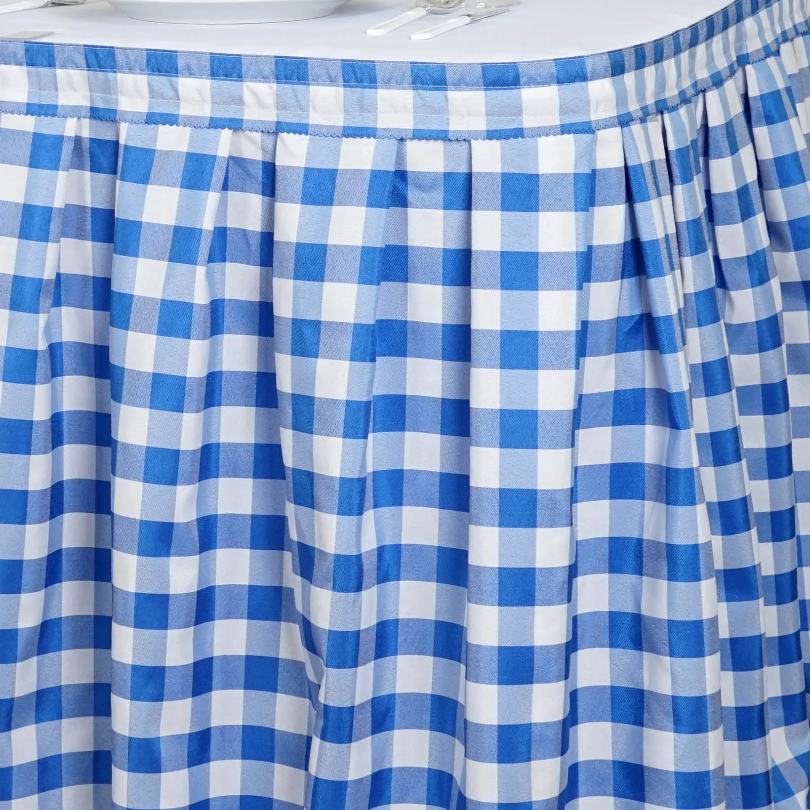 21FT Perfect Picnic Inspired White/Blue Checkered Polyester Table Skirt For Wedding Party Event