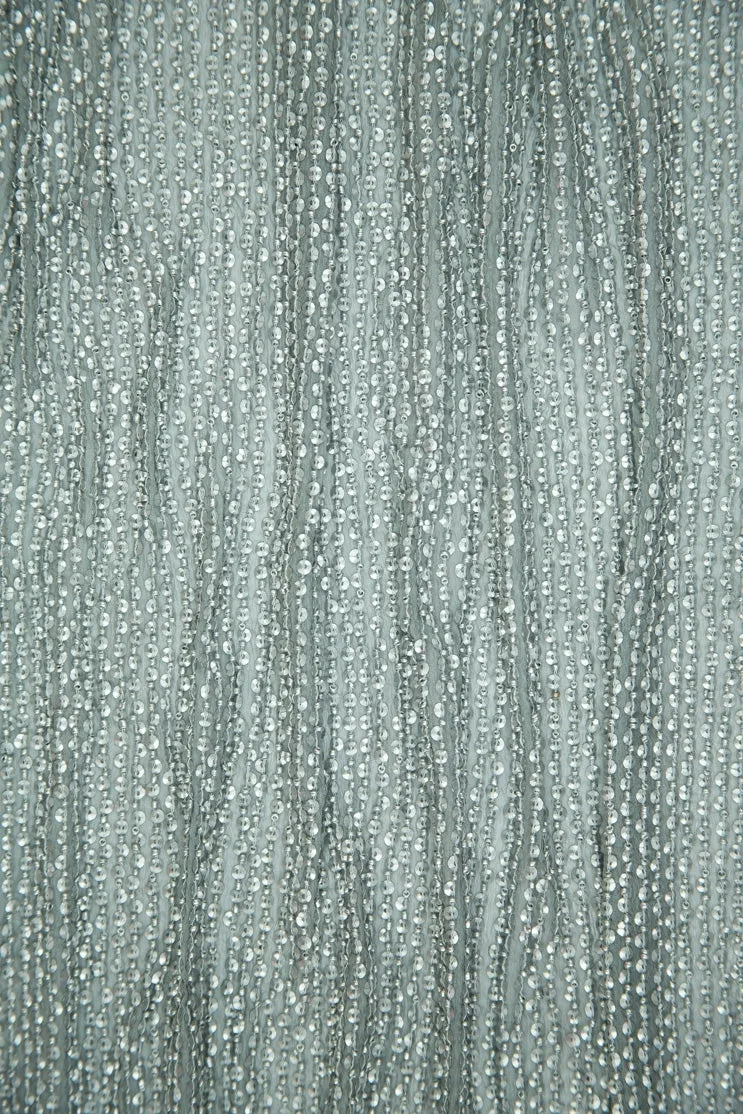 Ancient Silver Sequins & Beads on Silk Chiffon Fabric