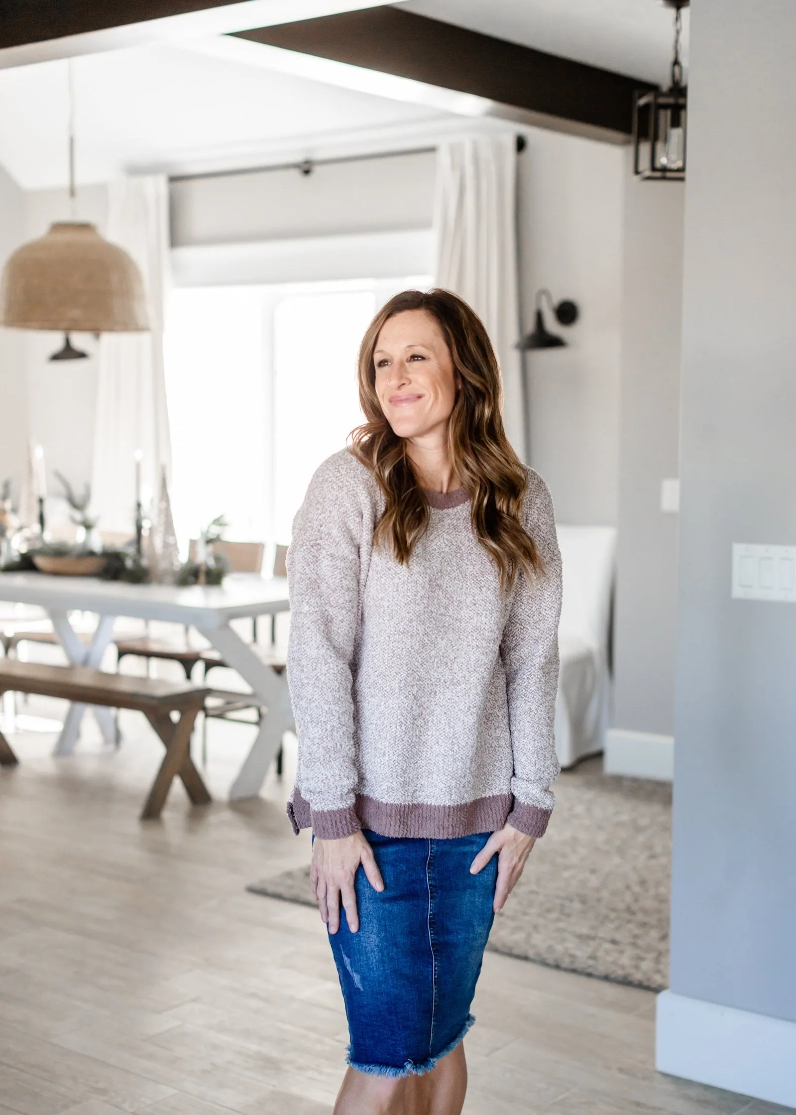 Banded Fuzzy Crew Neck Sweater