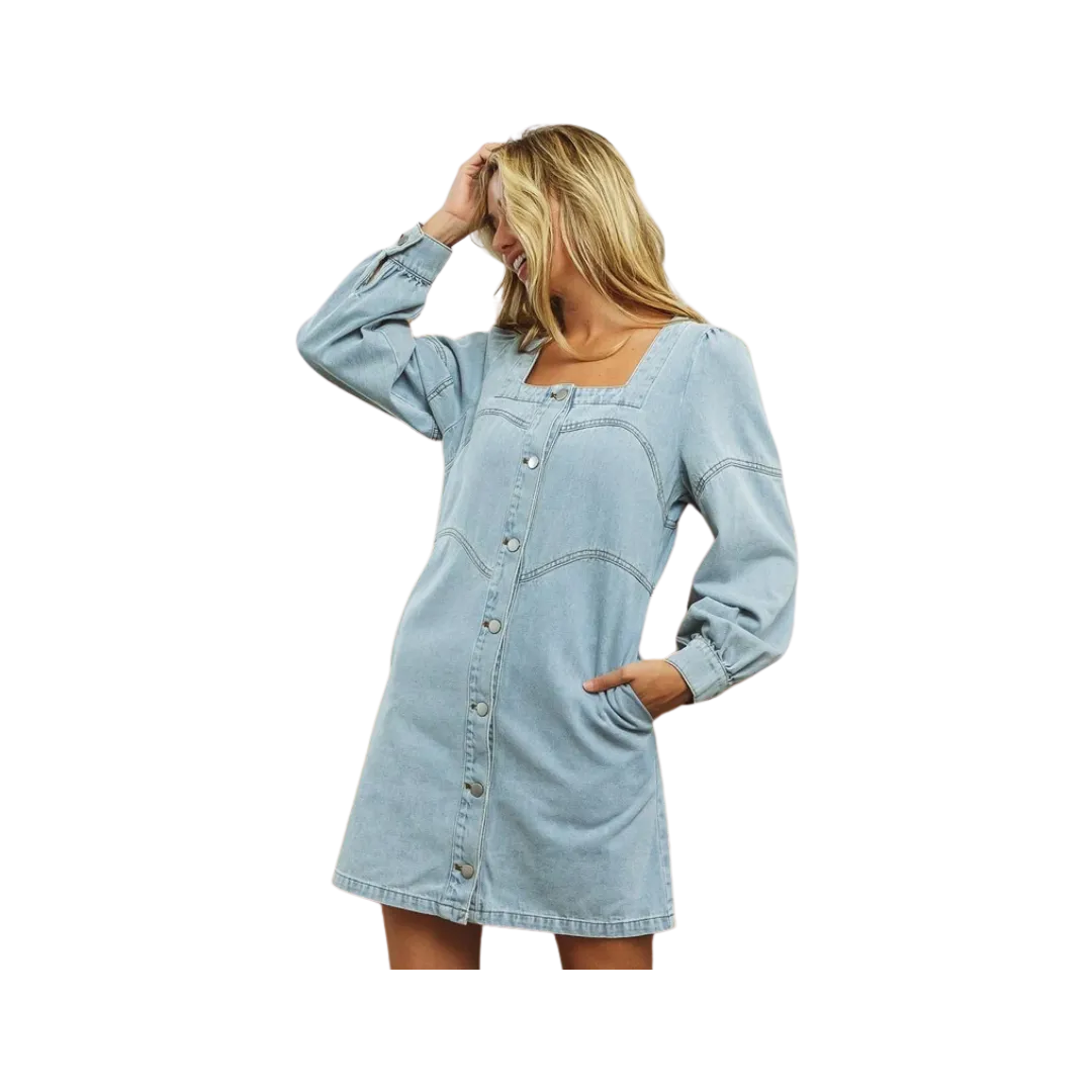 Bibi Women's Square Neck Button Front Washed Denim Dress