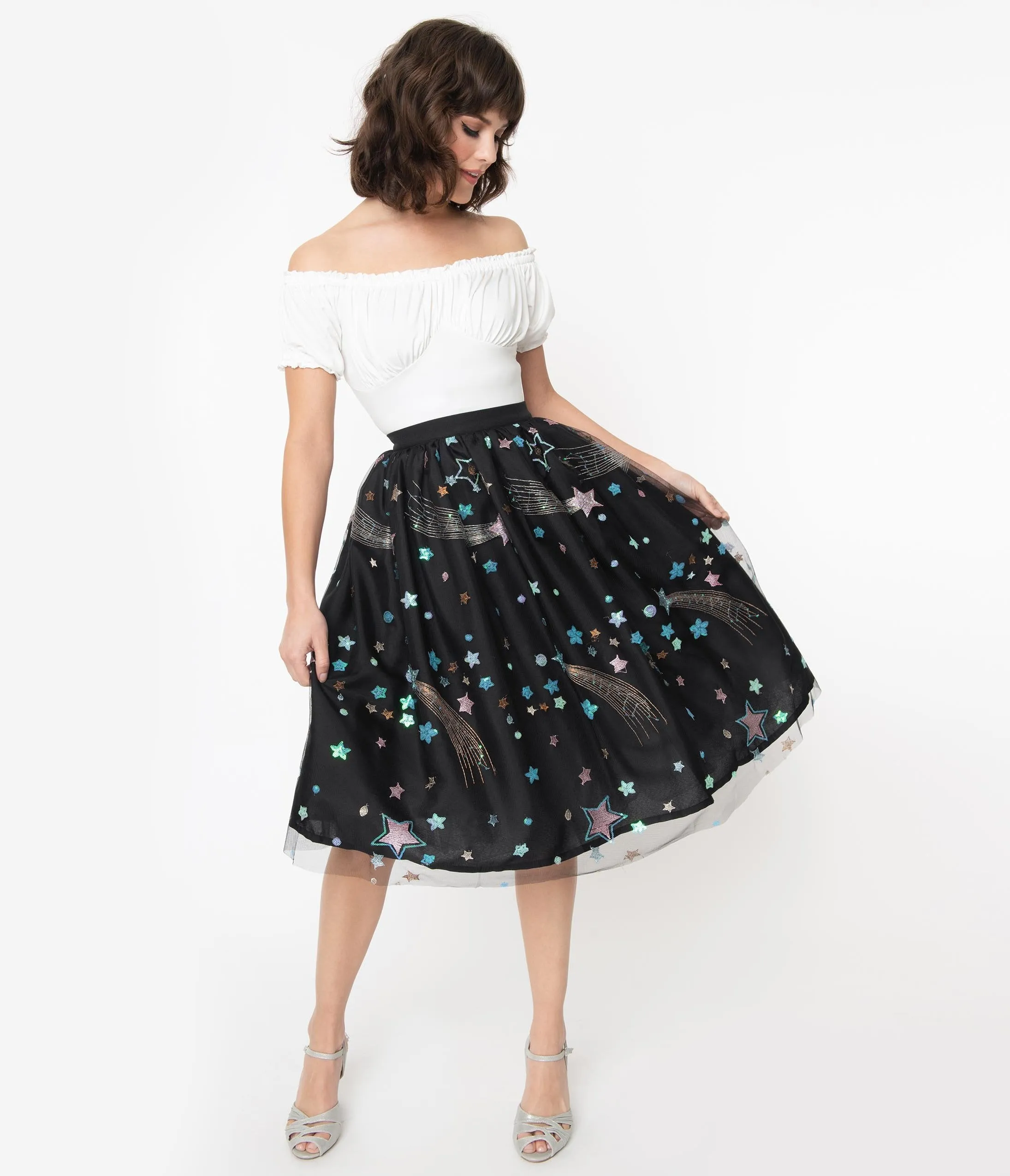 Black & Multi Shooting Stars Tulle Swing Skirt