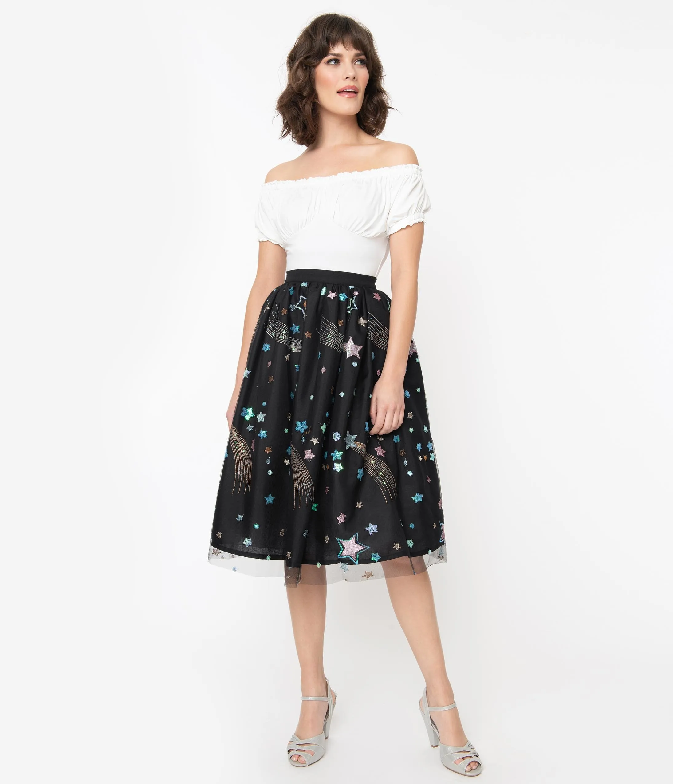 Black & Multi Shooting Stars Tulle Swing Skirt