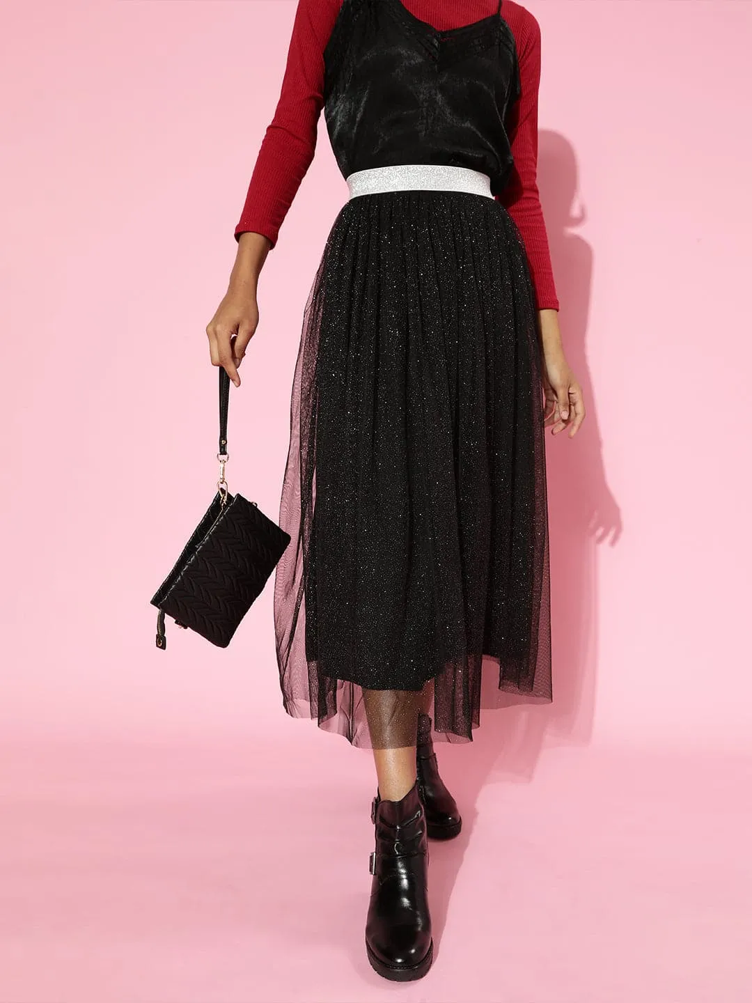 Black Mesh Lurex Maxi Skirt