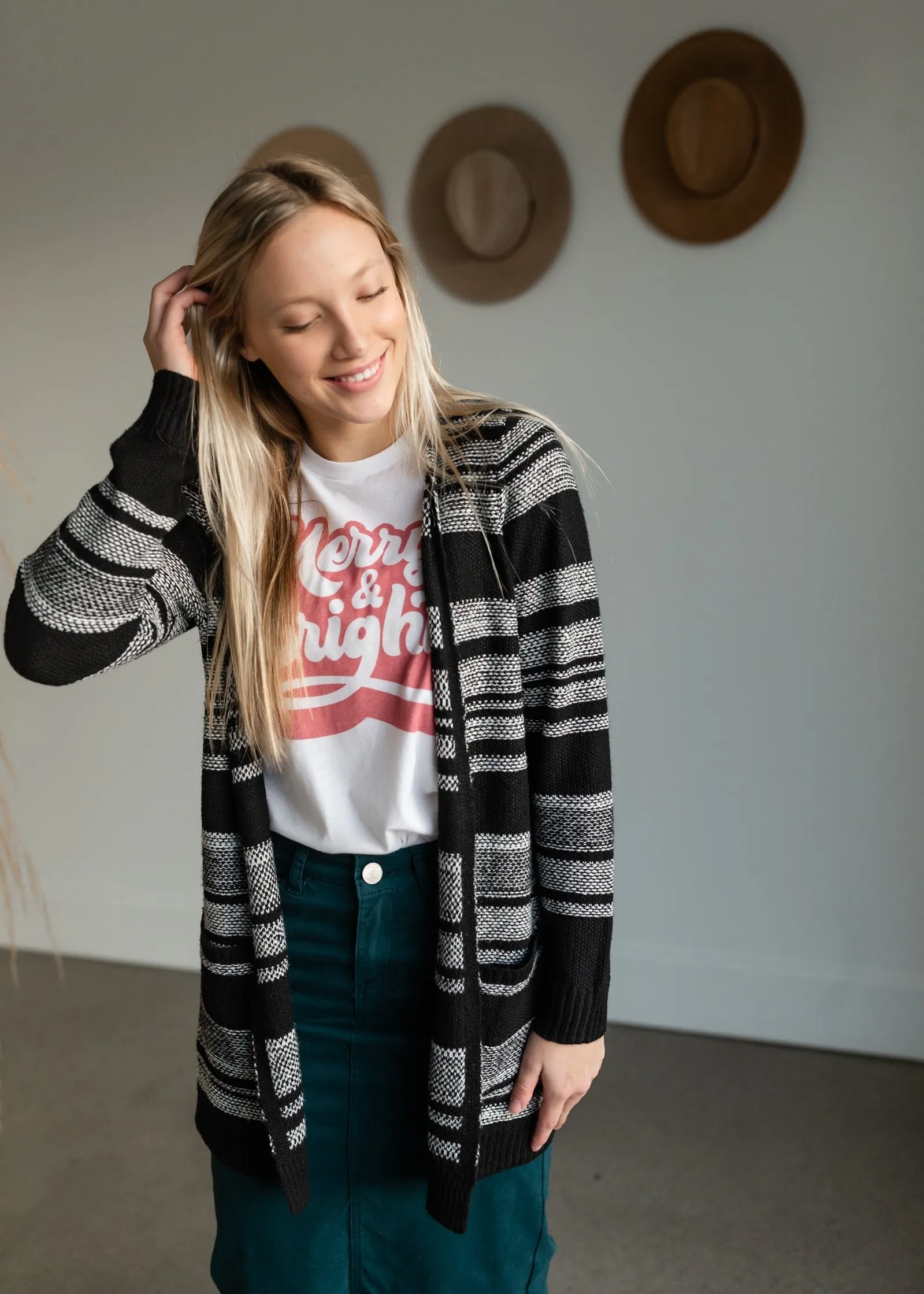 Black   White Striped Open Front Cardigan