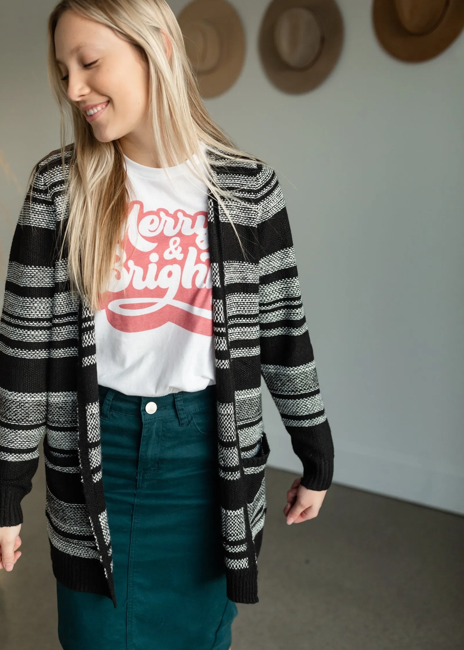 Black   White Striped Open Front Cardigan