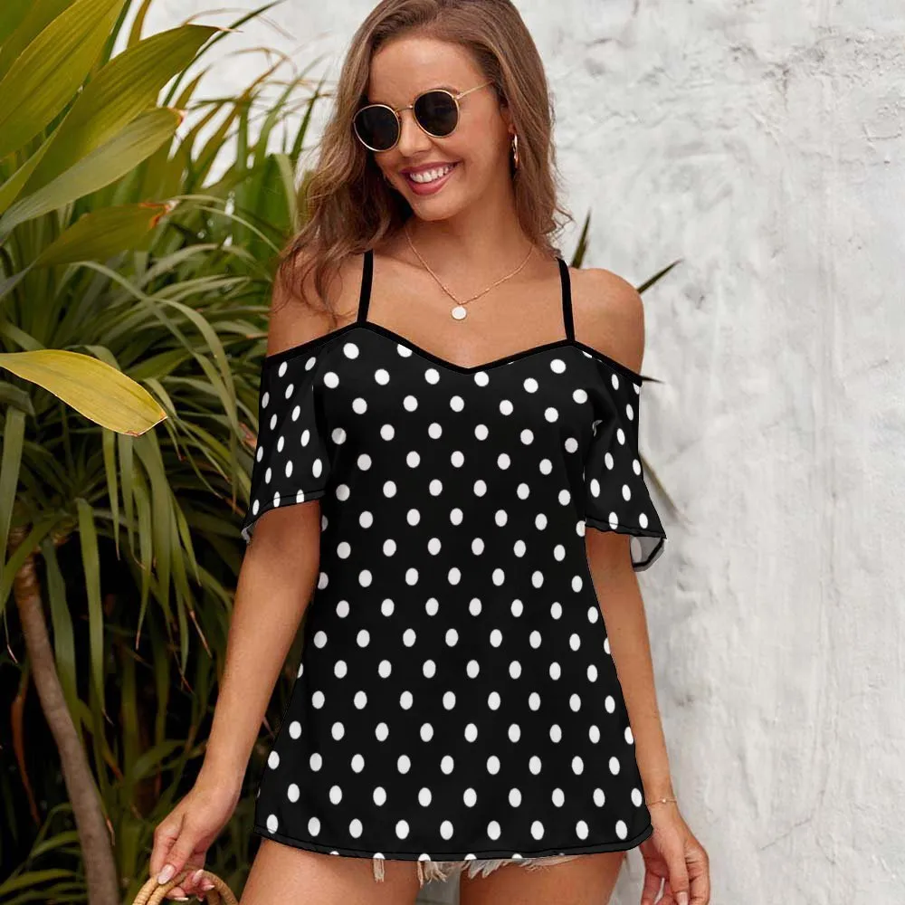 Black With White Polka Dots Women's Off-Shoulder Cold Shoulder Camisole Top