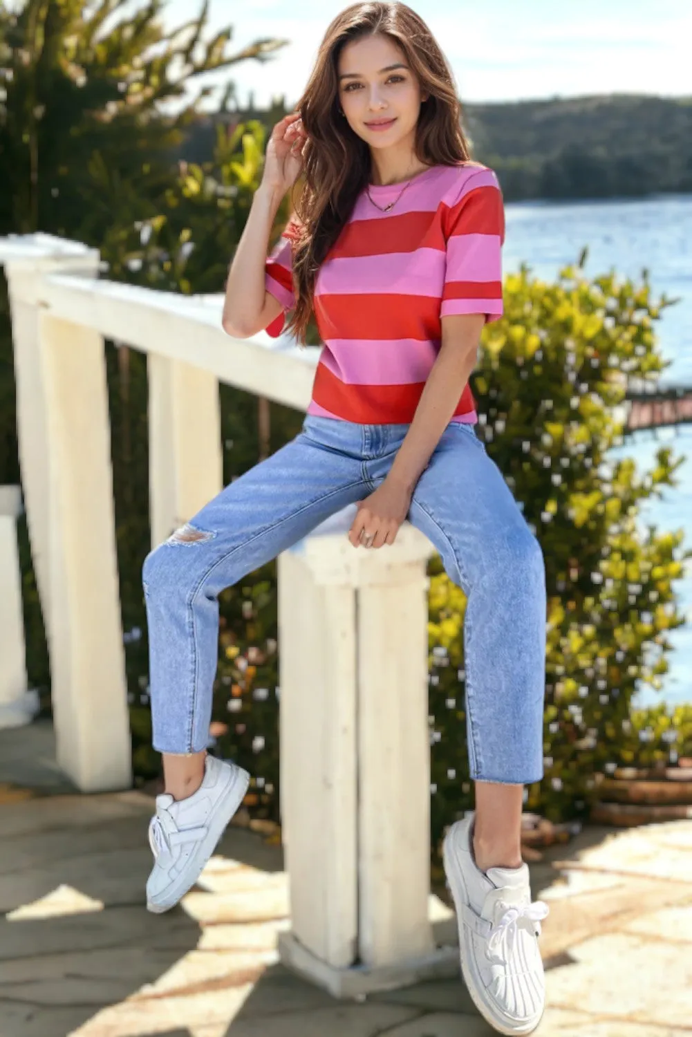 Bright Pink Colorblock Striped Knitted T shirt