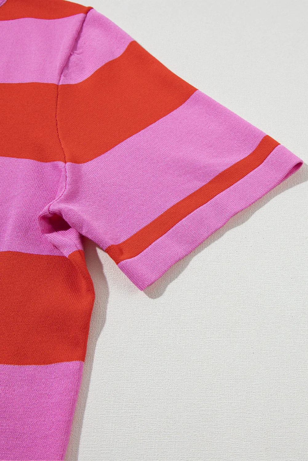 Bright Pink Colorblock Striped Knitted T shirt