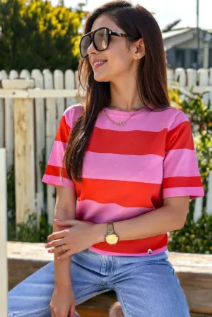 Bright Pink Colorblock Striped Knitted T shirt