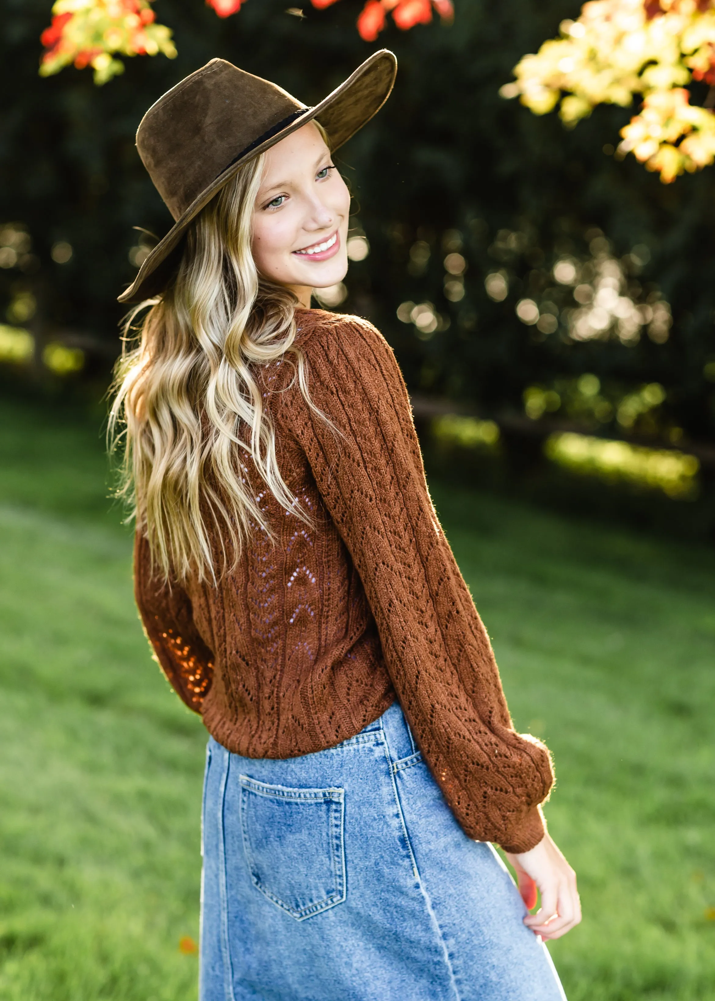 Brown Crochet Bell Sleeve Sweater