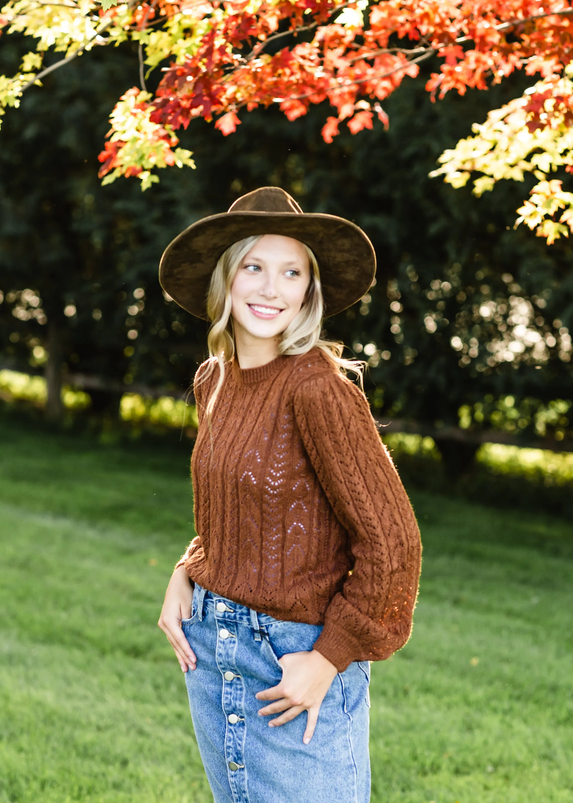 Brown Crochet Bell Sleeve Sweater