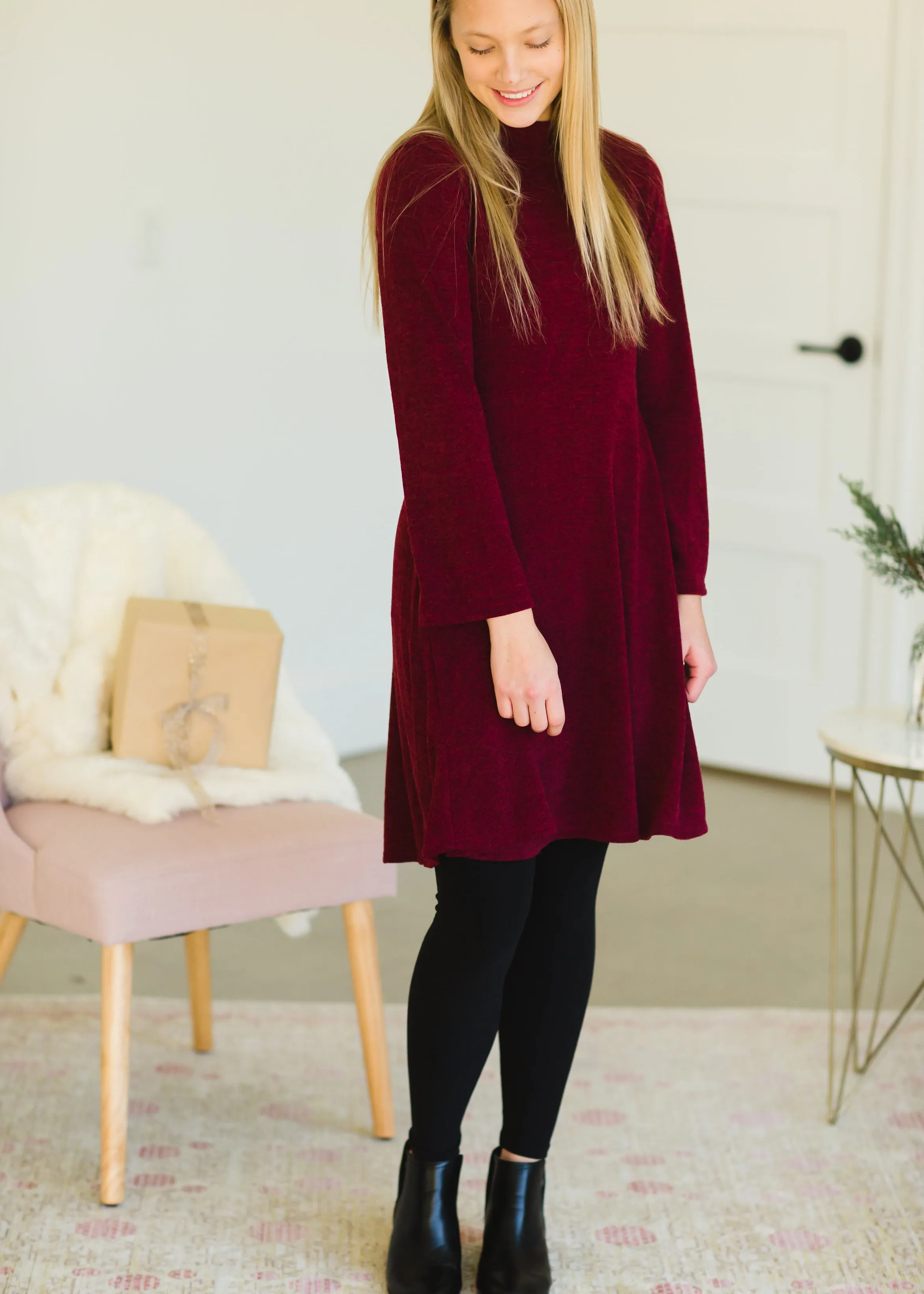 Burgundy Long Sleeve Midi Dress - FINAL SALE