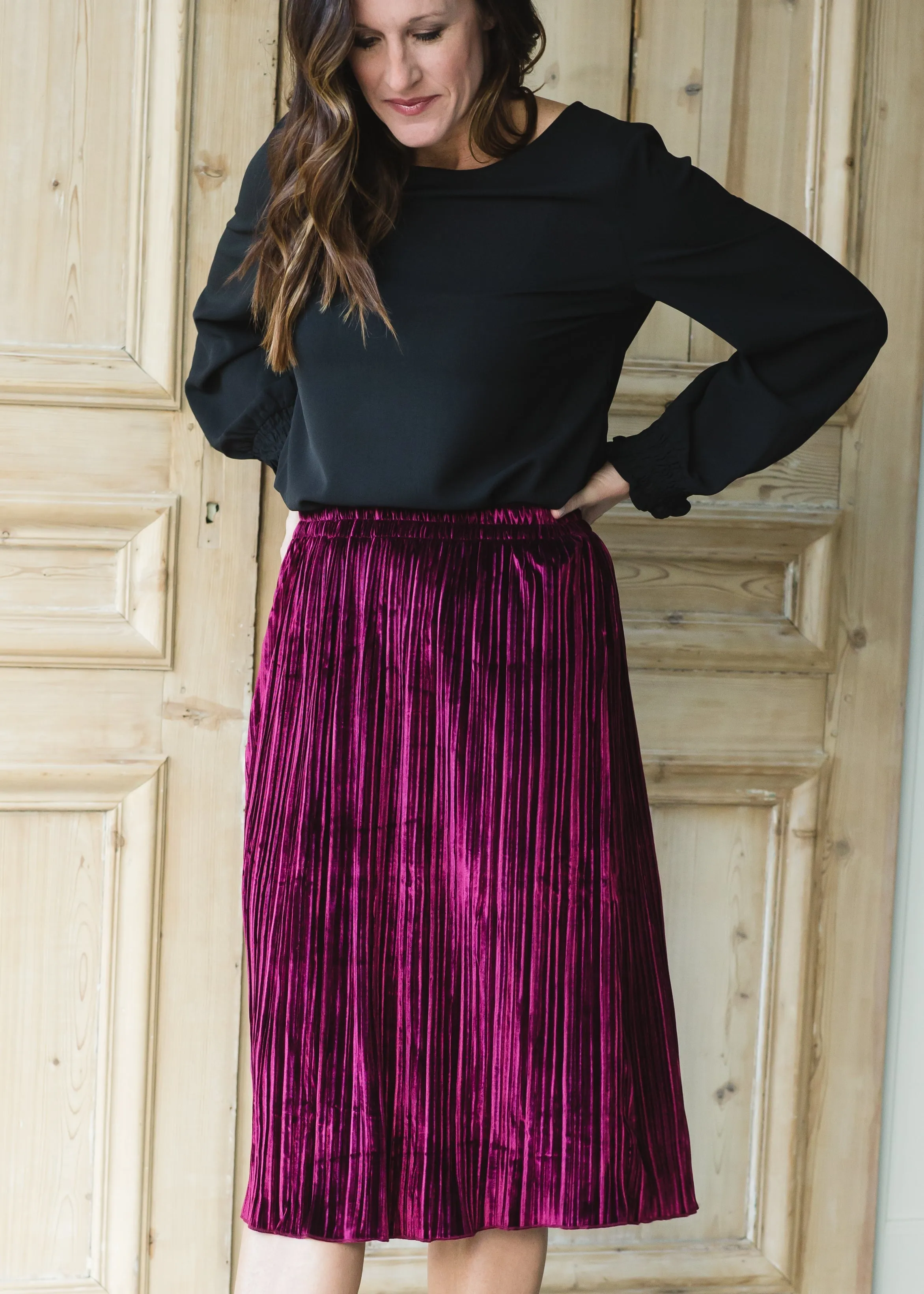 Burgundy Velvet Pleated Midi Skirt - FINAL SALE