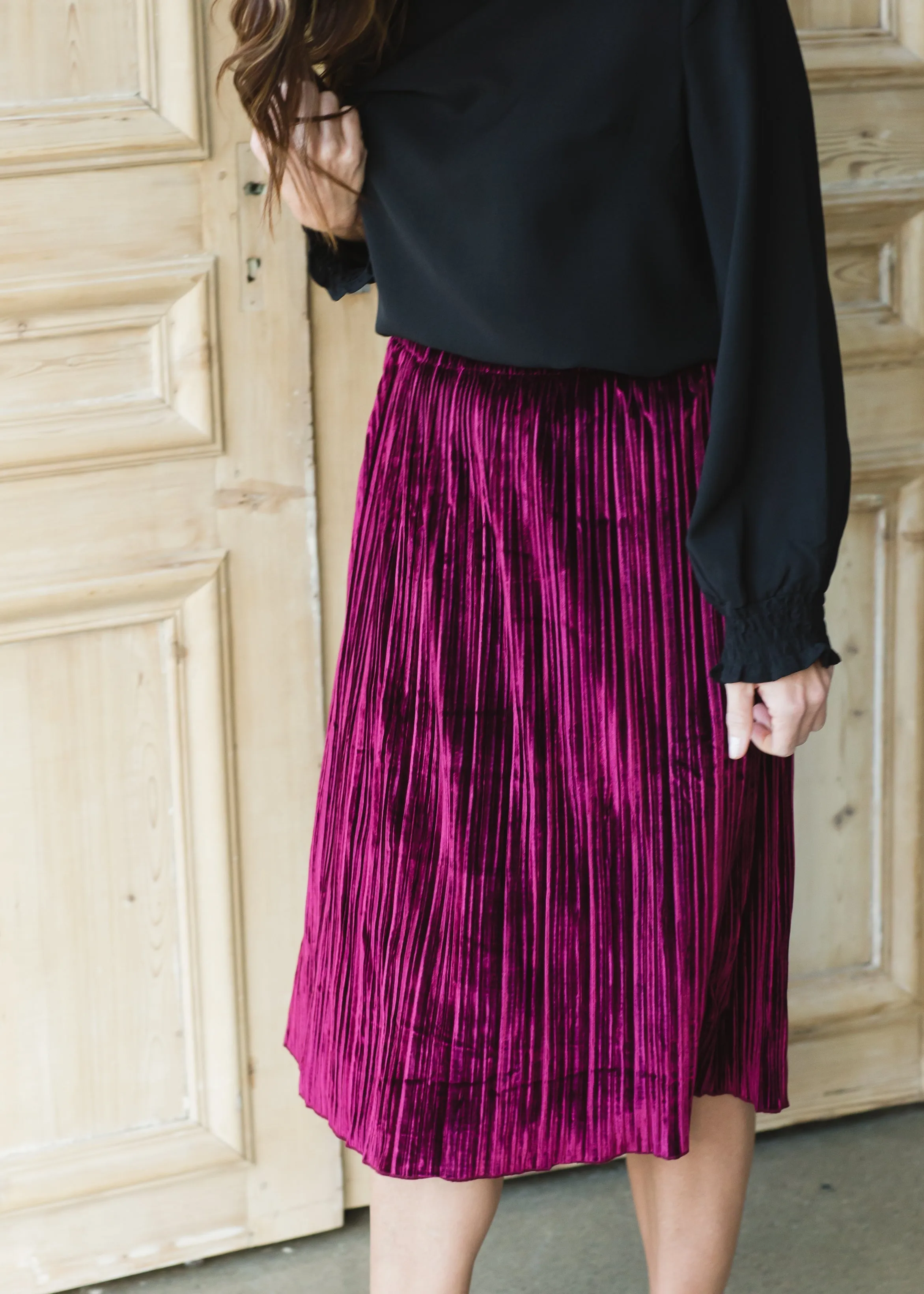 Burgundy Velvet Pleated Midi Skirt - FINAL SALE