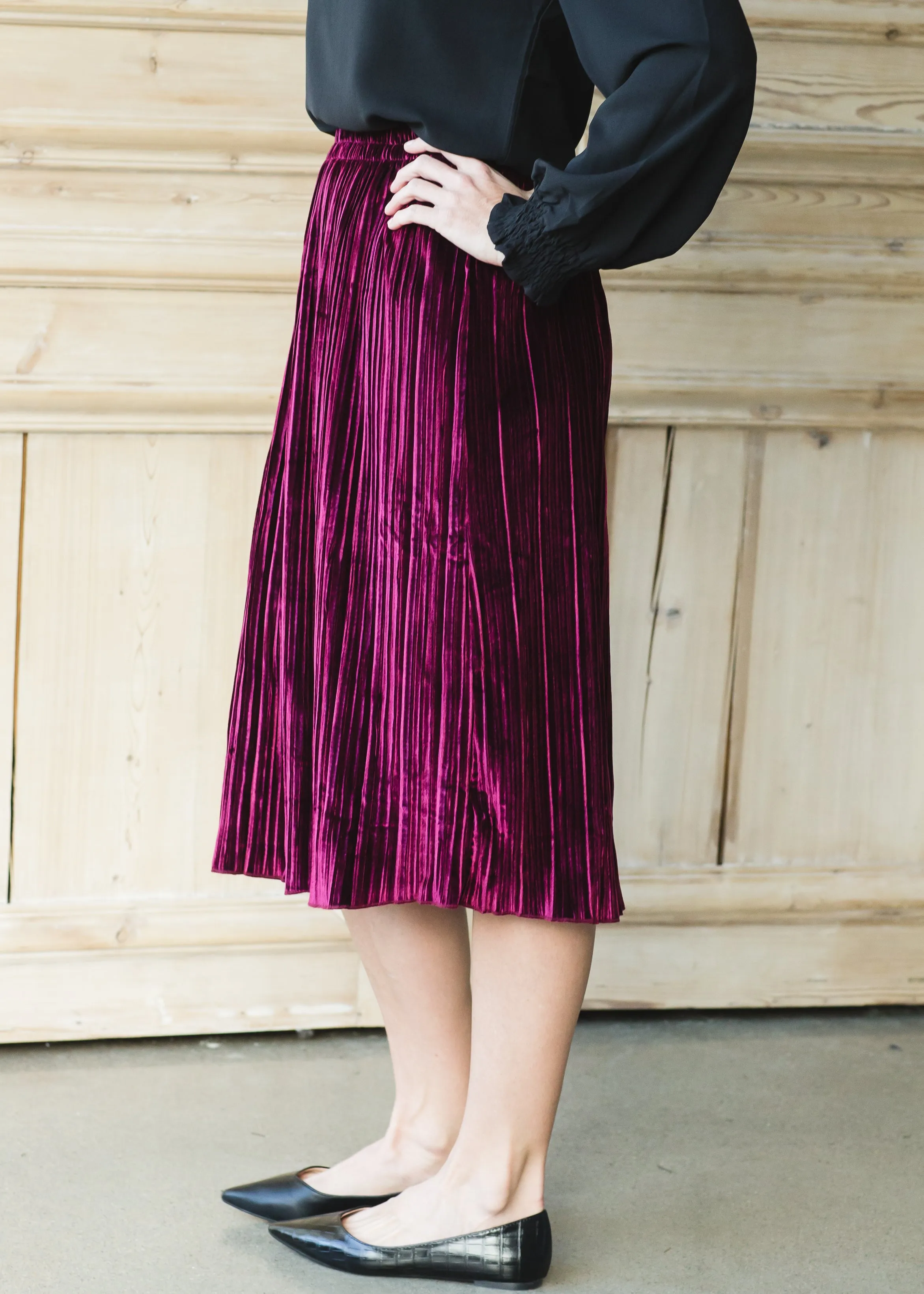 Burgundy Velvet Pleated Midi Skirt - FINAL SALE