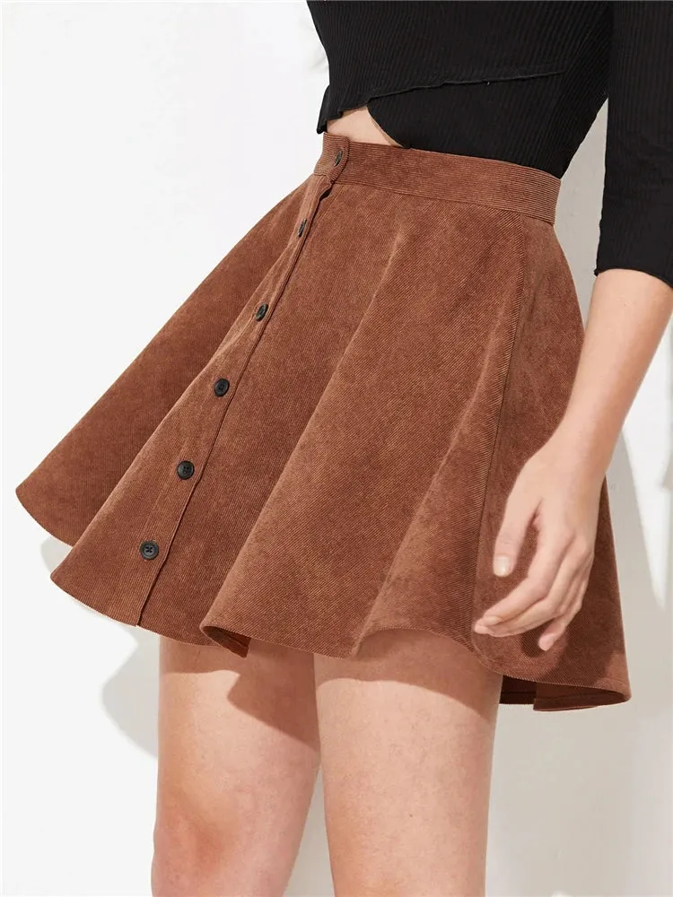 Button Up Corduroy Mini Pleated Skirt