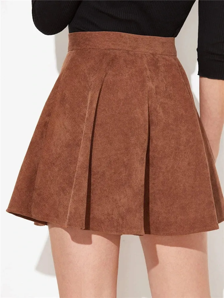 Button Up Corduroy Mini Pleated Skirt