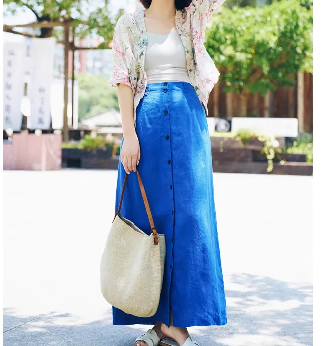 Buttons Minimalism Linen Summer A-line Skirt Long Skirt 9861