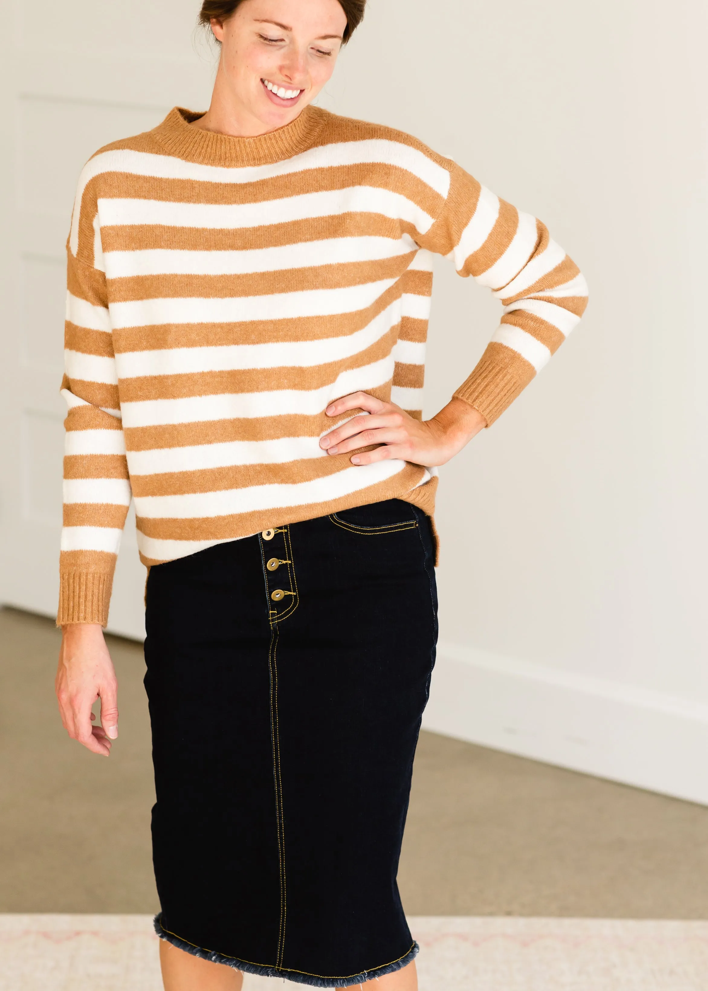 Camel Crew Neck Striped Sweater - FINAL SALE