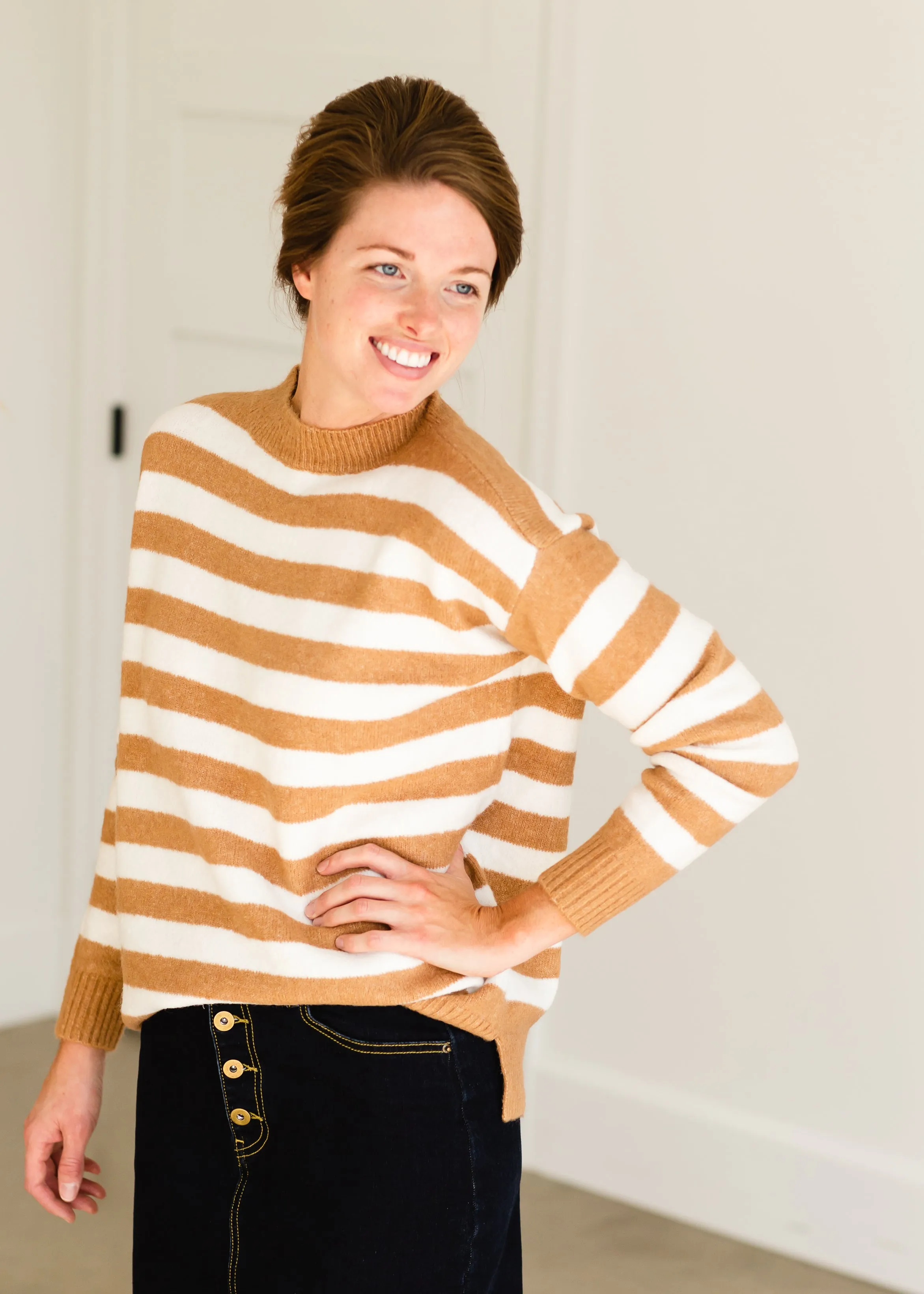 Camel Crew Neck Striped Sweater - FINAL SALE