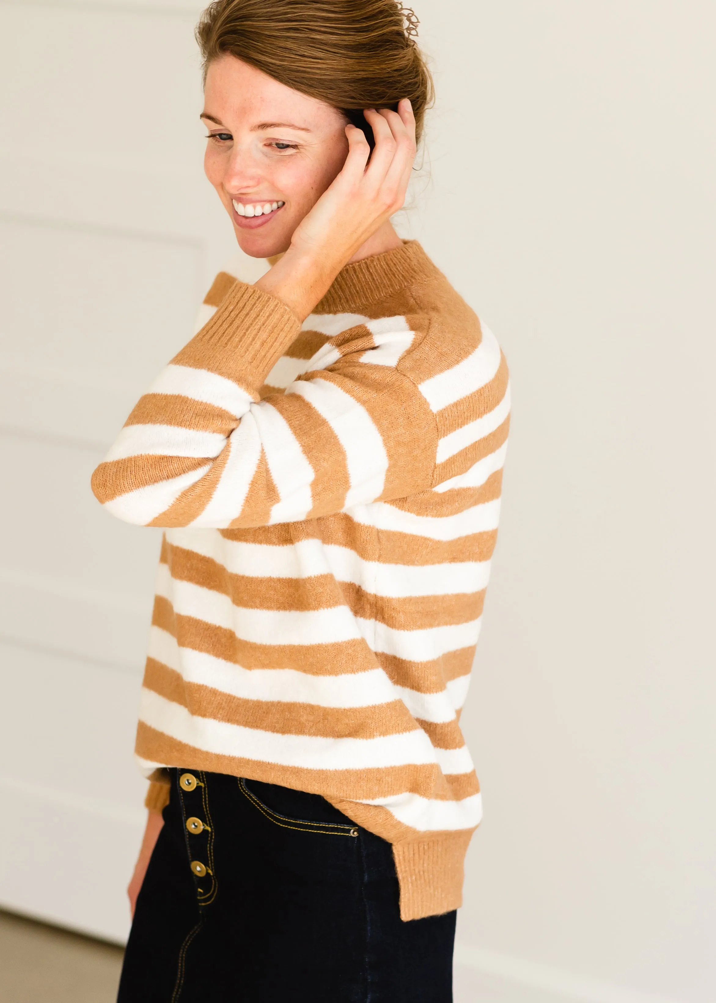 Camel Crew Neck Striped Sweater - FINAL SALE