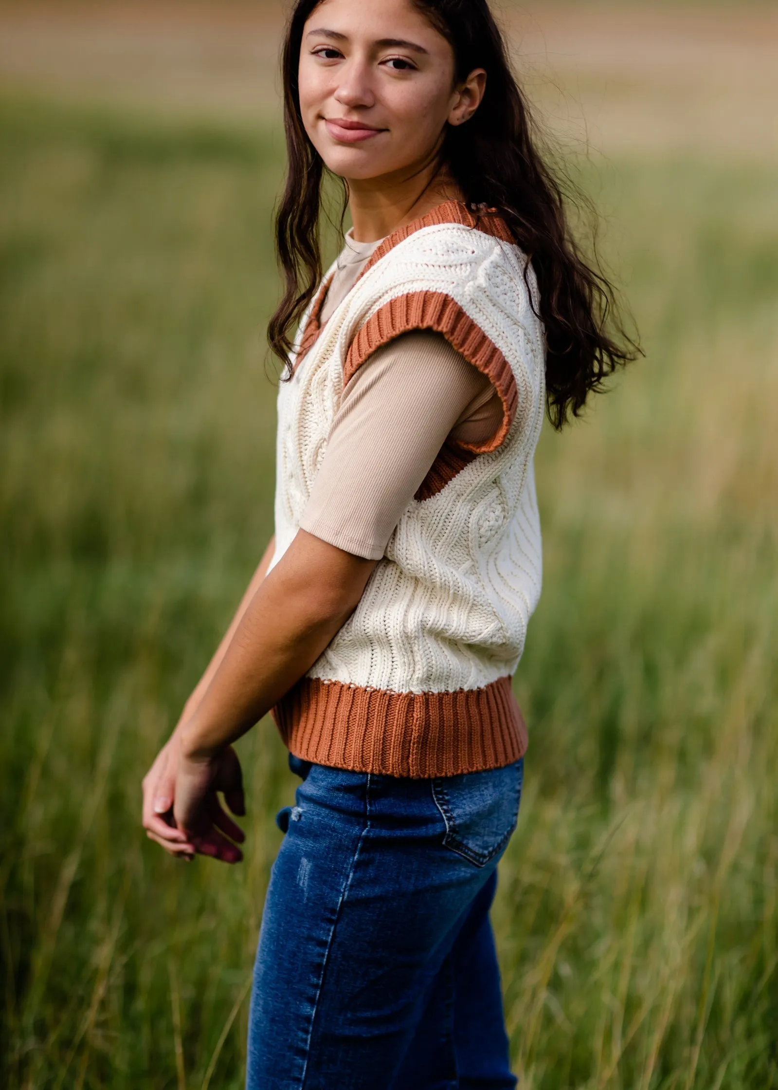 Camel Trimmed V Neck Sweater Vest - FINAL SALE