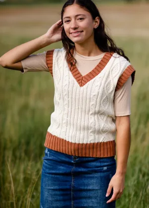 Camel Trimmed V Neck Sweater Vest - FINAL SALE