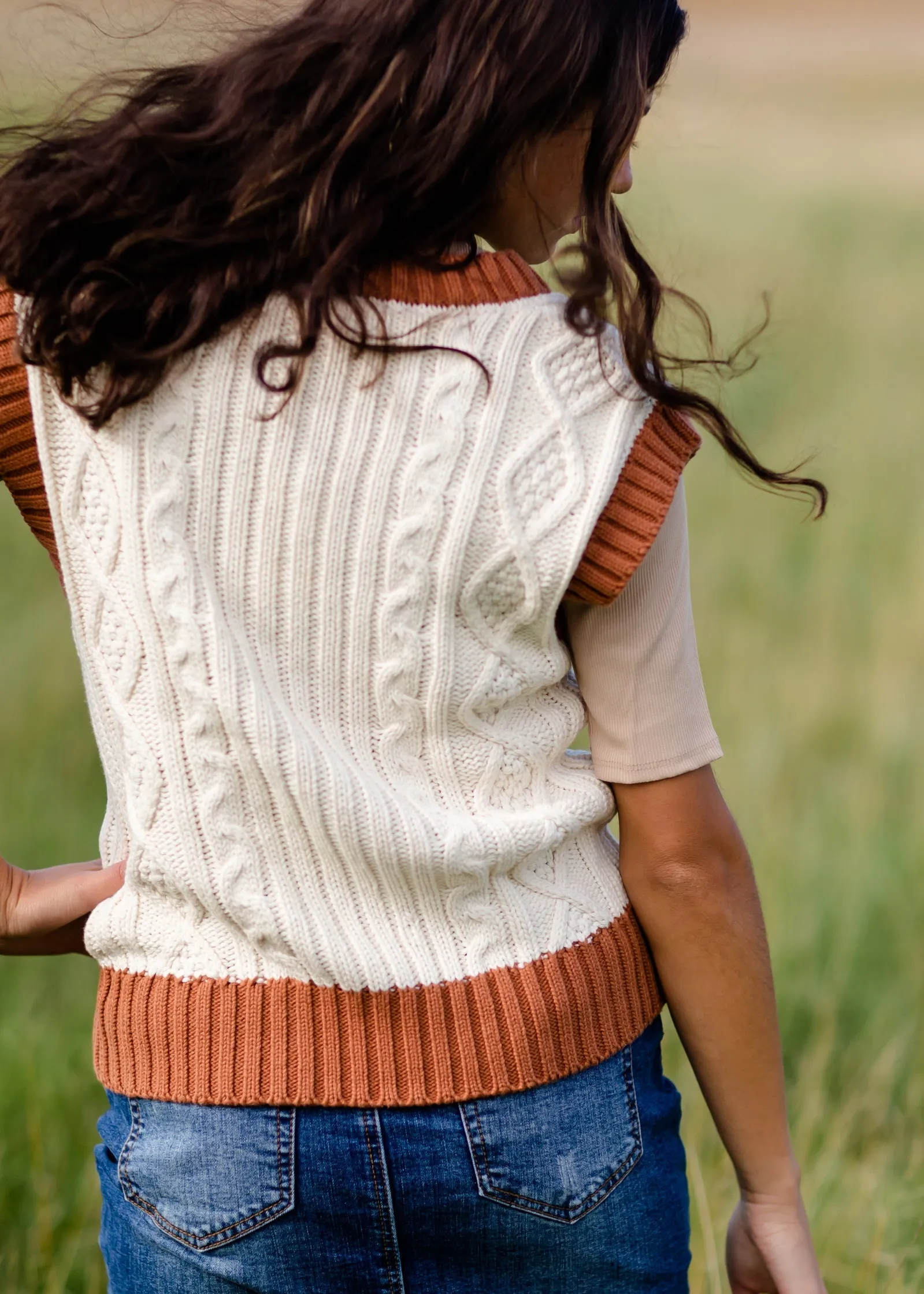 Camel Trimmed V Neck Sweater Vest - FINAL SALE