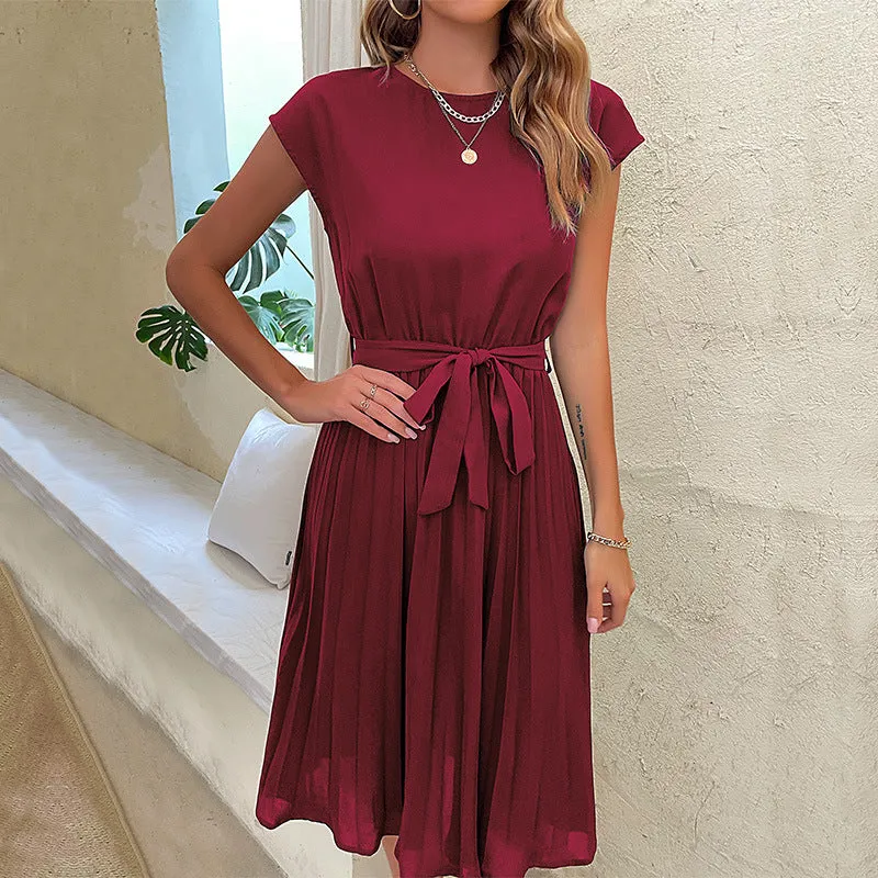 Casual Lace-Up Pleated Dress Solid Color Short Sleeve Wholesale Dresses