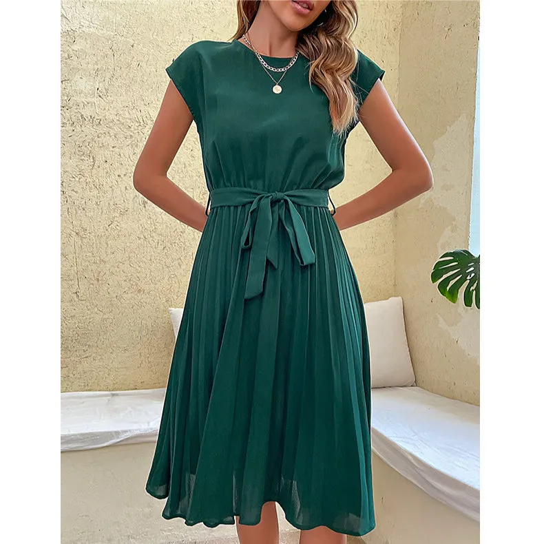 Casual Lace-Up Pleated Dress Solid Color Short Sleeve Wholesale Dresses