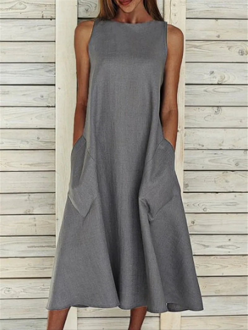 Casual Solid Sleeveless Pocket Dress