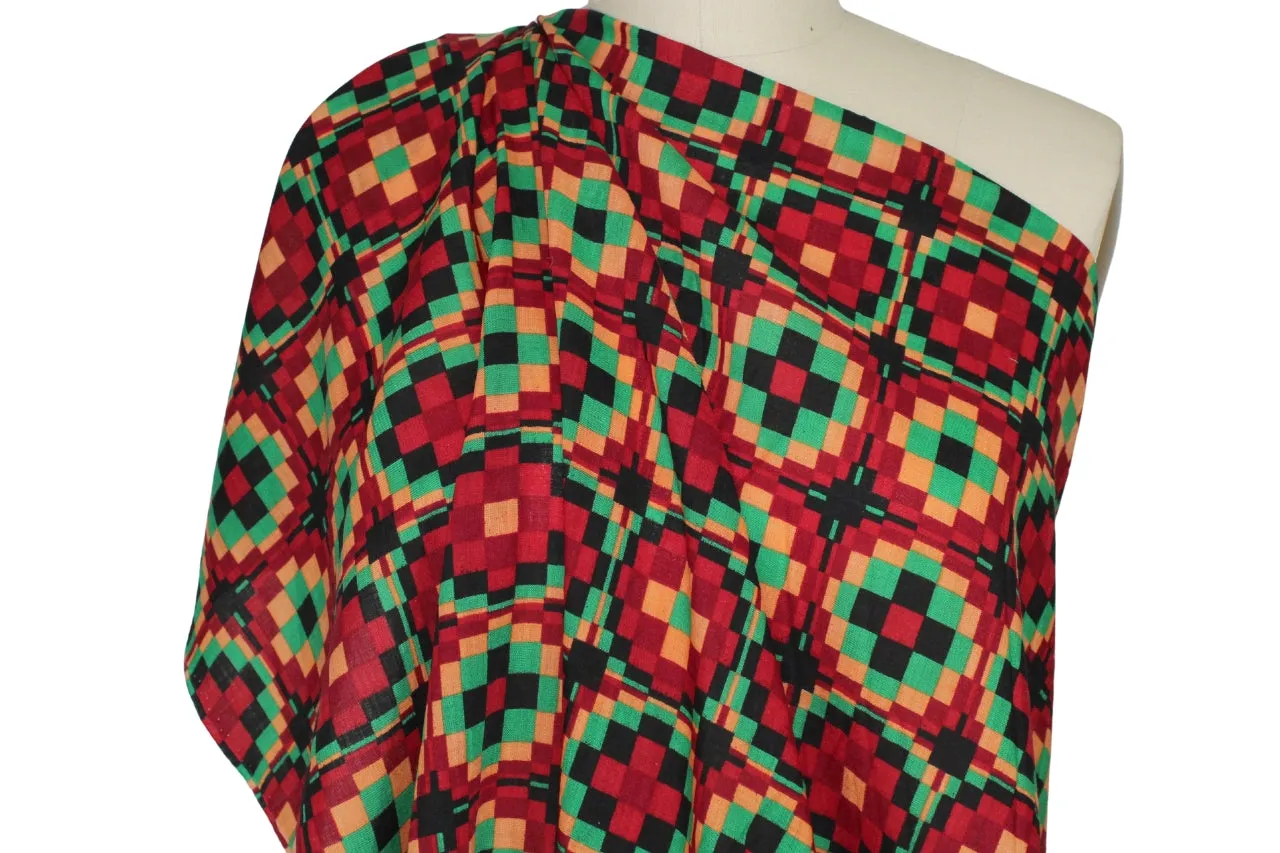 Checkerboard Wool Challis - Red/Green/Goldenrod/Black