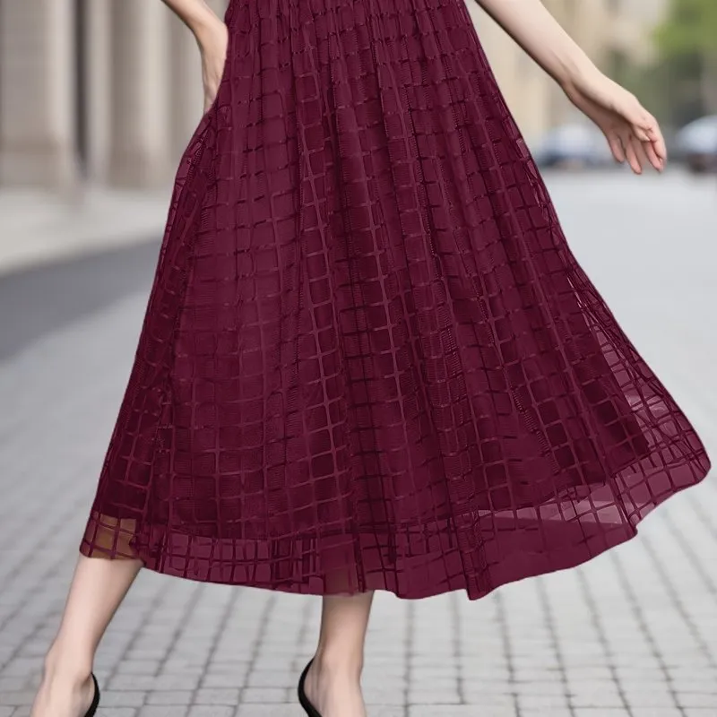 Chic Plaid Mesh Skirt High Waist Midi Length Womens Fashion