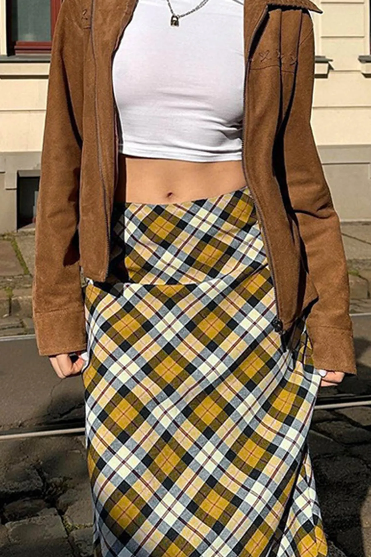 Contrast Plaid High waist Midi Skirt