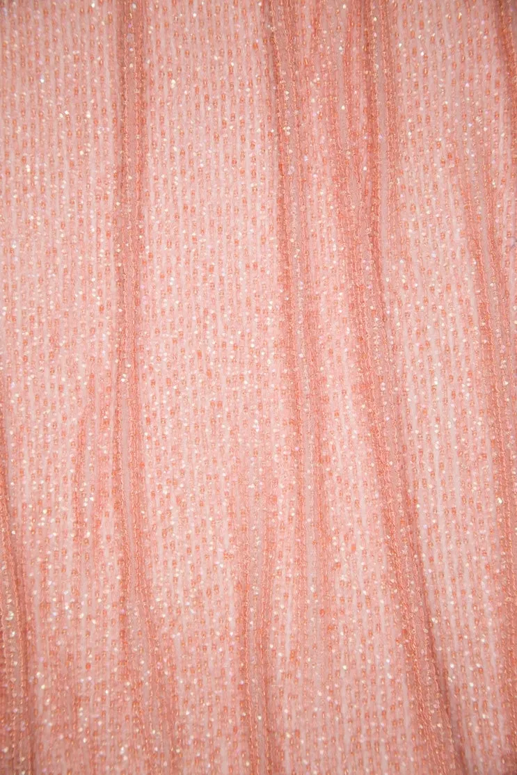 Coral Pink Sequins & Beads on Silk Chiffon Fabric