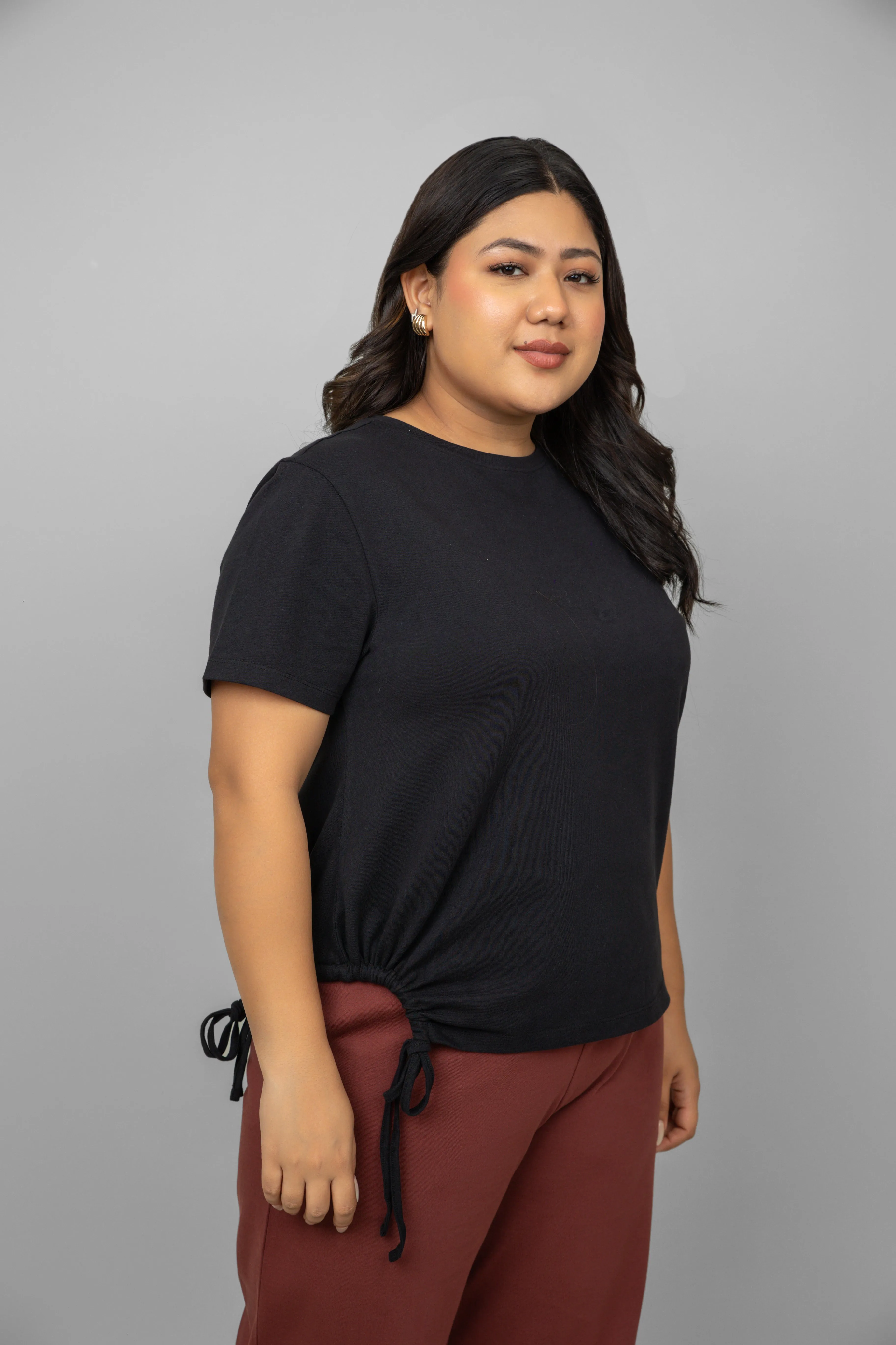 Cotton Side Ruched Black T-shirt