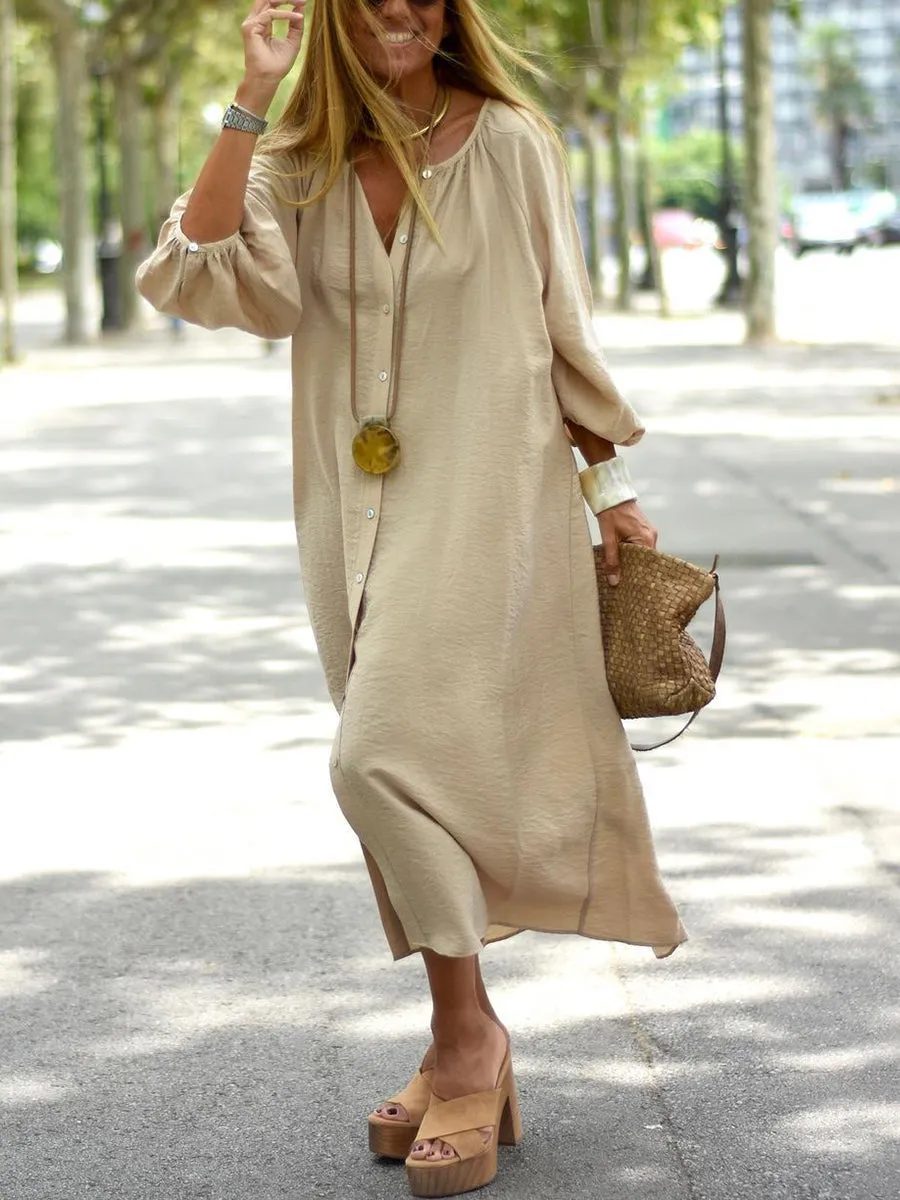 Ethnic Casual Solid Color Loose V-Neck Women'S Dress