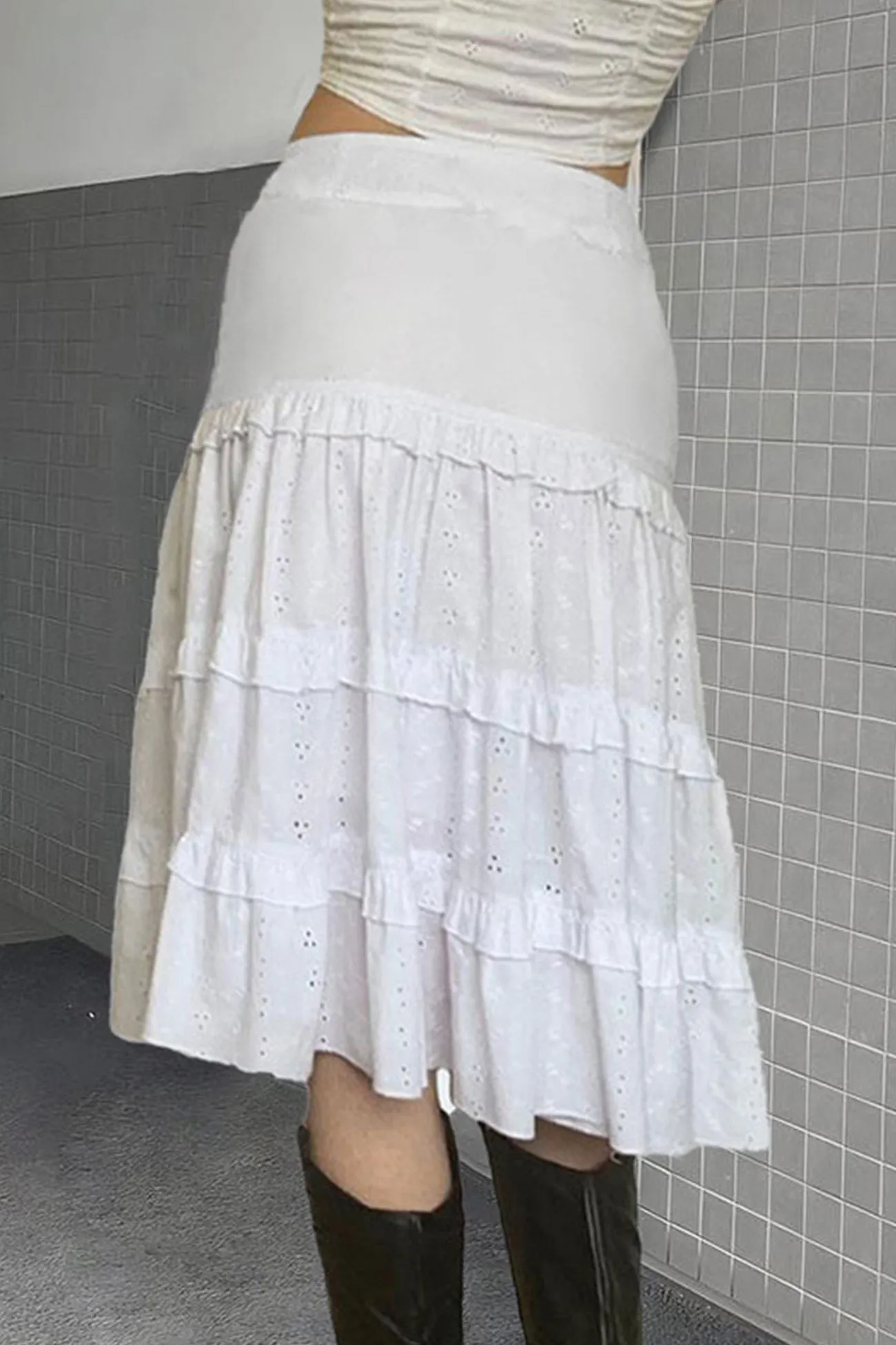 Eyelet Strap A-Line Tiered Long Skirt