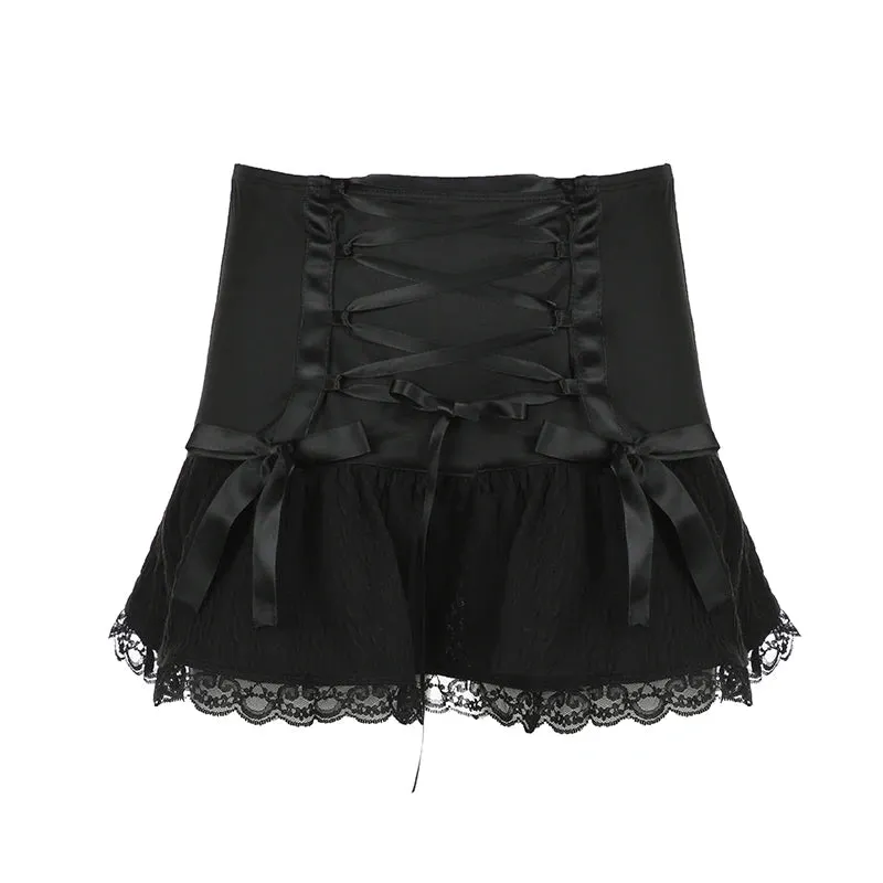 'First Time We Met' Black Kawaii Tie-up Bow A-line Skirt