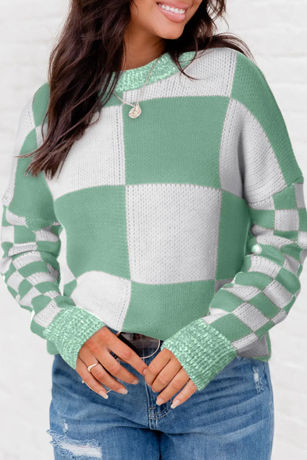 Flaxen Plaid Knitted Drop Shoulder Sweater