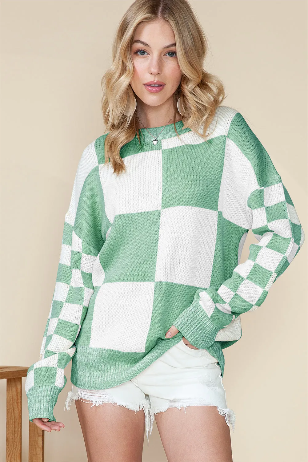 Flaxen Plaid Knitted Drop Shoulder Sweater