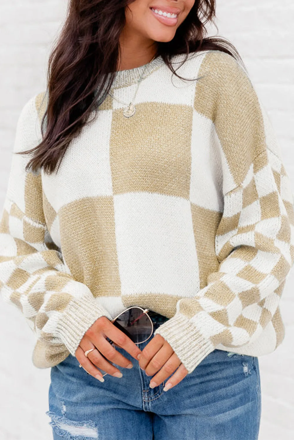 Flaxen Plaid Knitted Drop Shoulder Sweater