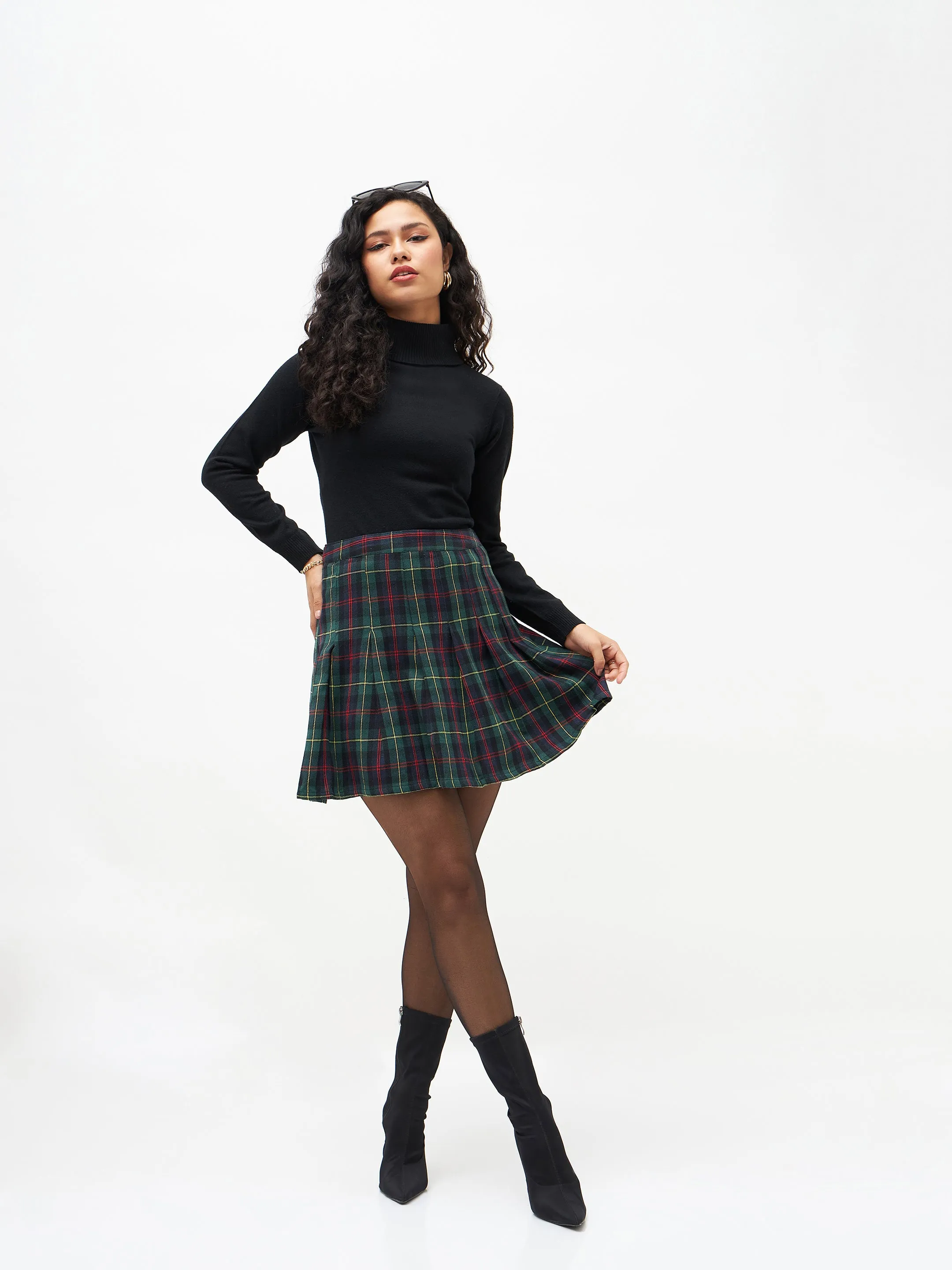 Green Plaid Check Mini Skirt