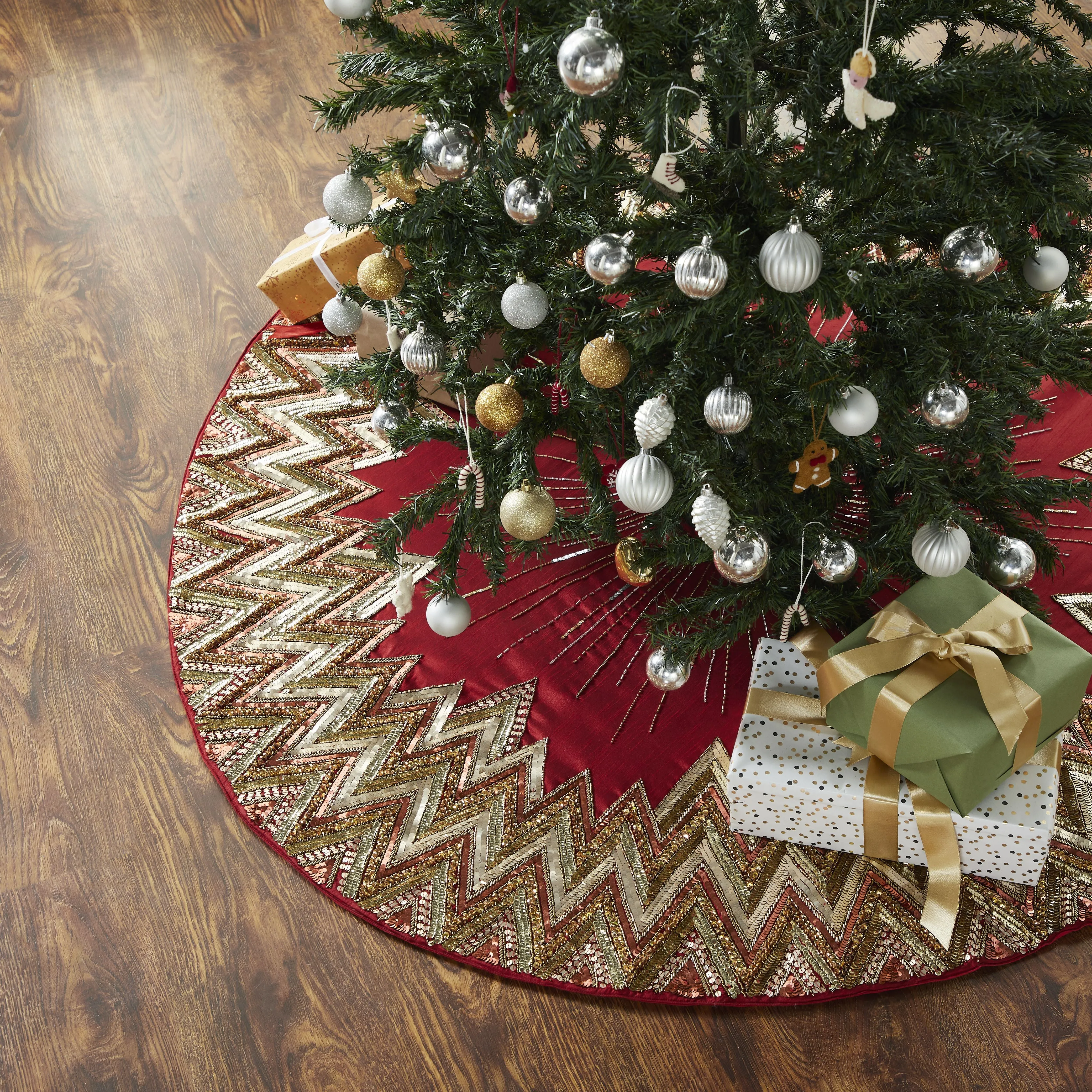 Handmade Christmas Tree Skirt - Hand Beaded Metallic Starburst on Garnet Red- 60"